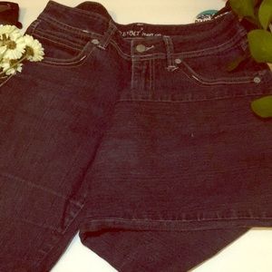 Dark denim flared jeans.